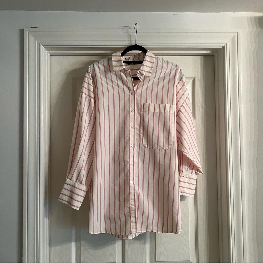Zara White Tunic Shirt with Pink Stripes